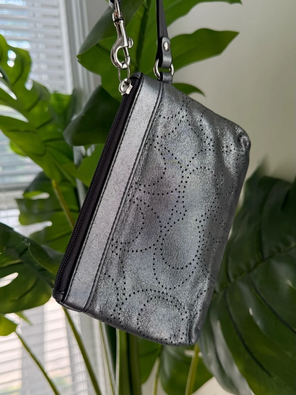 Coach Wallets Perforated Silver Metallic Leather Top Zip Detachable Wristlet